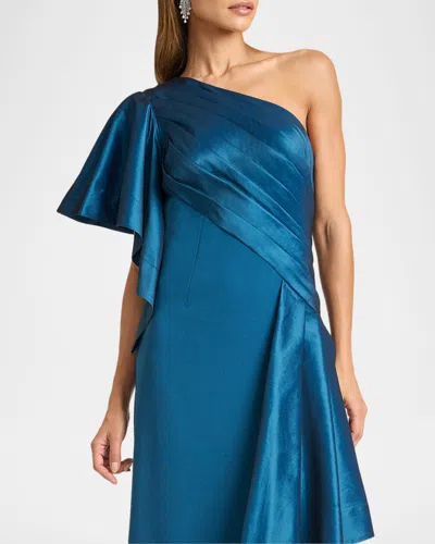 Tadashi Shoji Draped One-shoulder Taffeta Crepe Gown In Blue