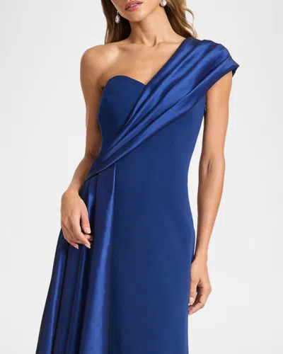 Tadashi Shoji One-shoulder Draped Crepe Gown In Blue