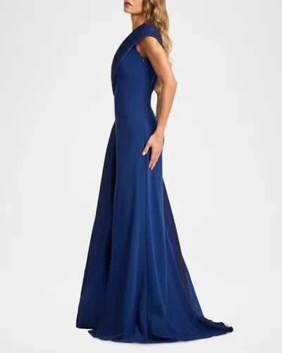 Tadashi Shoji One-shoulder Draped Crepe Gown In Blue