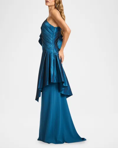 Tadashi Shoji Draped One-shoulder Taffeta Crepe Gown In Blue