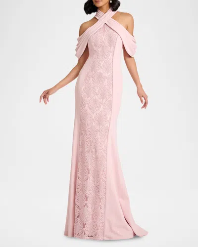 Tadashi Shoji Kato Embroidered Off-shoulder Halter Gown In Pink