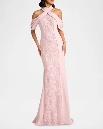 Tadashi Shoji Kato Embroidered Off-shoulder Halter Gown In Pink