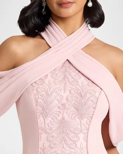 Tadashi Shoji Kato Embroidered Off-shoulder Halter Gown In Pink