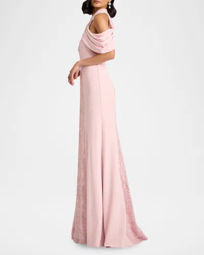 Tadashi Shoji Kato Embroidered Off-shoulder Halter Gown In Pink