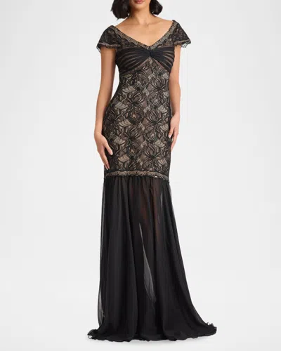 Tadashi Shoji Off The Shoulder Mixed Media Lace Gown In Black