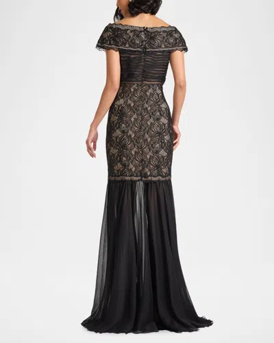 Tadashi Shoji Off The Shoulder Mixed Media Lace Gown In Black