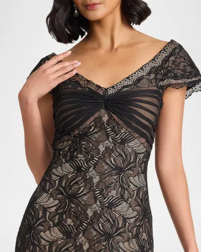Tadashi Shoji Off The Shoulder Mixed Media Lace Gown In Black