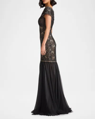 Tadashi Shoji Off The Shoulder Mixed Media Lace Gown In Black
