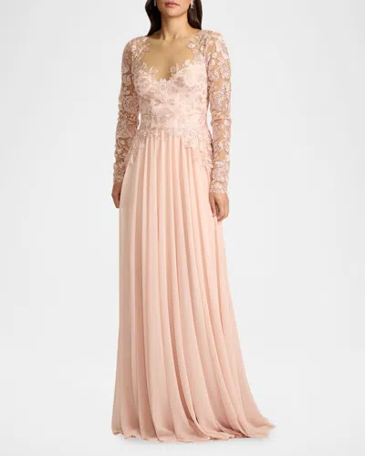 Tadashi Shoji Illusion Lace Embroidered Sleeve Gown In White