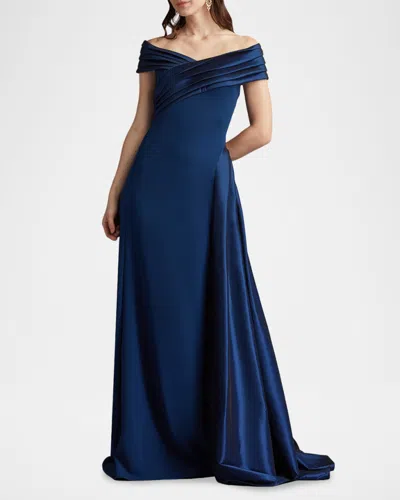 Tadashi Shoji Elysian Draped Overlay Train Gown In Brown