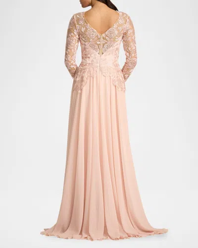 Tadashi Shoji Illusion Lace Embroidered Sleeve Gown In White