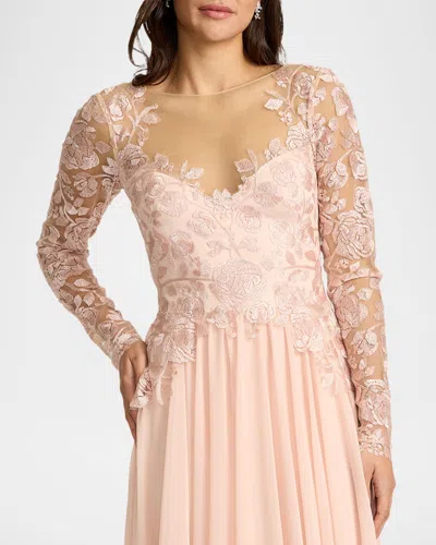 Tadashi Shoji Illusion Lace Embroidered Sleeve Gown In White