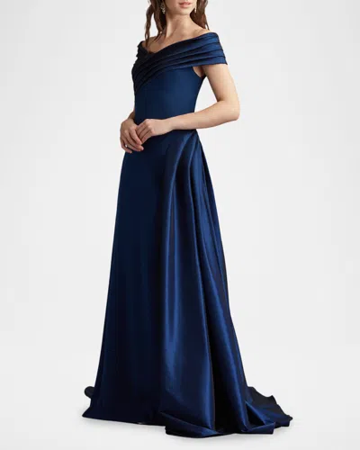 Tadashi Shoji Elysian Draped Overlay Train Gown In Brown