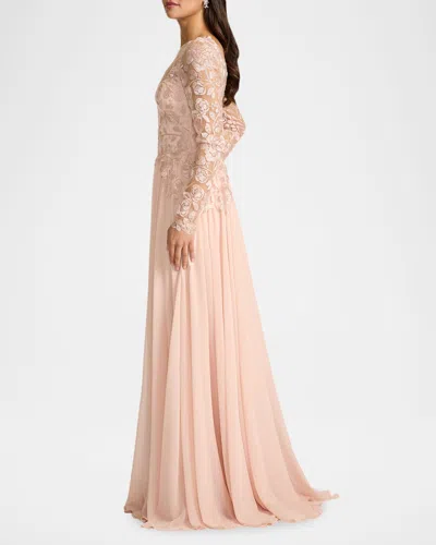 Tadashi Shoji Illusion Lace Embroidered Sleeve Gown In White