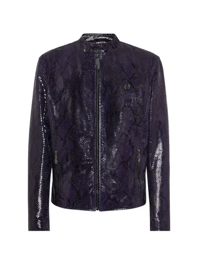 Philipp Plein Python-leather Biker Jacket In Purple