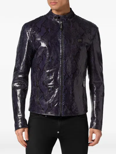 Philipp Plein Python-leather Biker Jacket In Purple