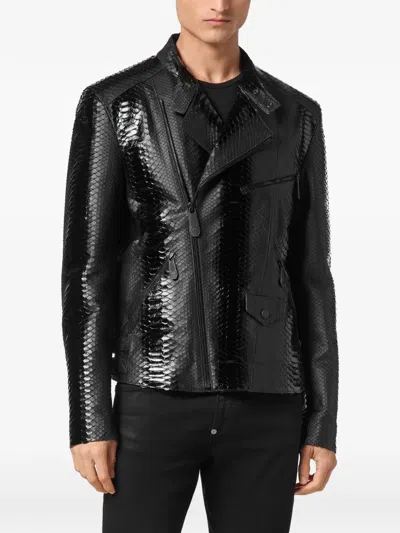 Philipp Plein Python Leather Biker Jacket In Black