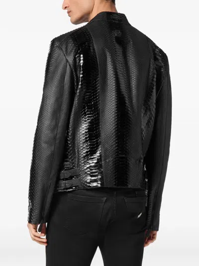 Philipp Plein Python Leather Biker Jacket In Black