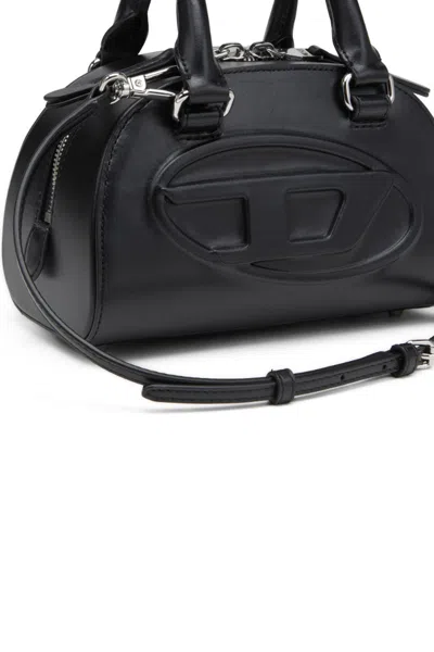 Diesel 1dr Dome-mini Bowling Bag In Snake-effect Leather In Black