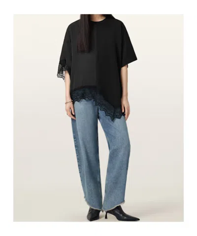 Allsaints Womens Black Lenny Round-neck Lace-embroidered Cotton T-shirt In Black
