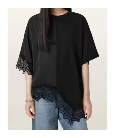Allsaints Womens Black Lenny Round-neck Lace-embroidered Cotton T-shirt In Black