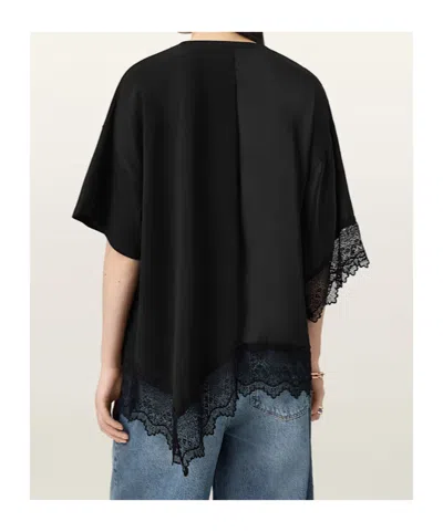 Allsaints Womens Black Lenny Round-neck Lace-embroidered Cotton T-shirt In Black