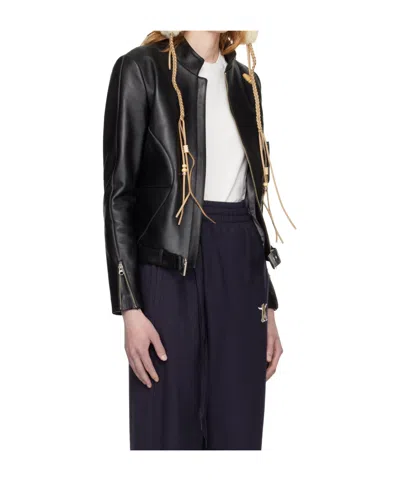 Open Yy Radius Motor Stand-up Collar Leather Jacket In Black