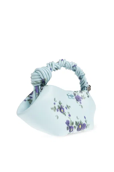 Ganni Mini Bag Structured Shape Floral Pattern Handle In Blue