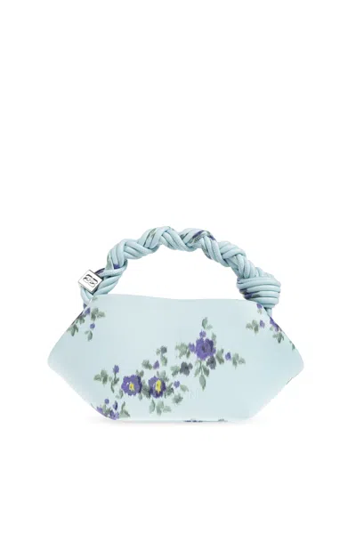 Ganni Mini Bag Structured Shape Floral Pattern Handle In Blue