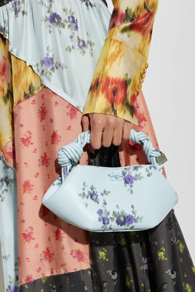 Ganni Mini Bag Structured Shape Floral Pattern Handle In Blue