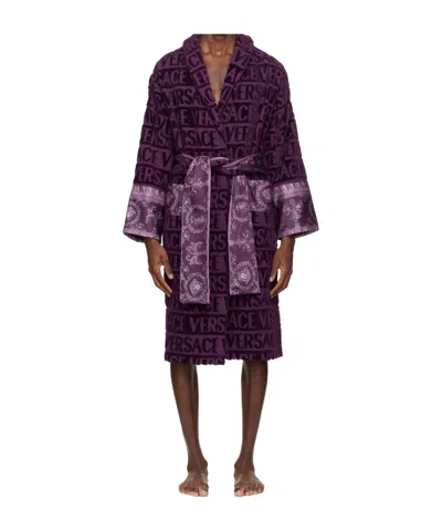 Versace Logo-print Belted Bathrobe In Black