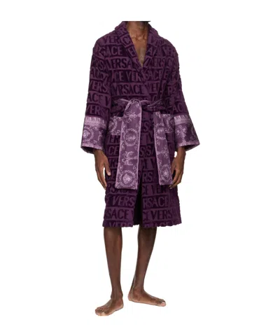 Versace Logo-print Belted Bathrobe In Black