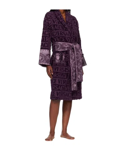 Versace Logo-print Belted Bathrobe In Black
