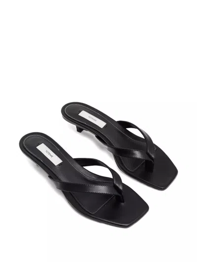 Totême Minimalist Black Leather Thong Sandals With Square Toe And Low Heel In Multi