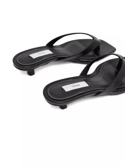 Totême Minimalist Black Leather Thong Sandals With Square Toe And Low Heel In Multi
