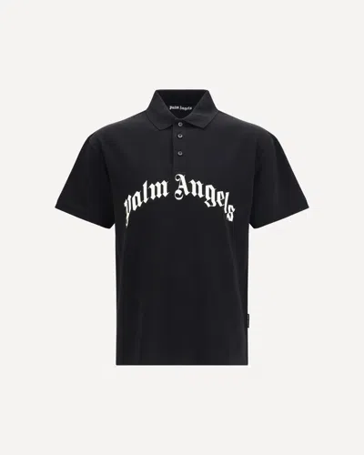 Palm Angels Curved Logo Embroidered Polo Shirt In Black