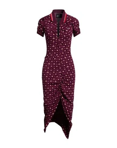 Vivienne Westwood Floral Ruched Dress Asymmetric Hem Short Sleeves In Burgundy