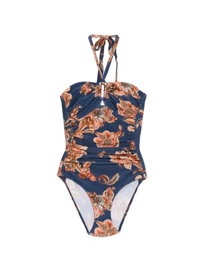 Zimmermann Aster Printed Halterneck Stretch-polyamide Swimsuit In Blue