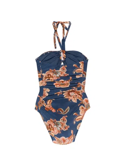 Zimmermann Aster Printed Halterneck Stretch-polyamide Swimsuit In Blue