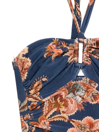 Zimmermann Aster Printed Halterneck Stretch-polyamide Swimsuit In Blue