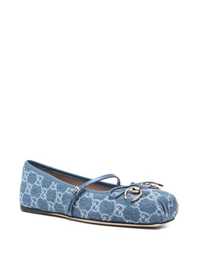 Gucci Signature Horsebit Detail Gg Monogram Ballet Flats In Blue