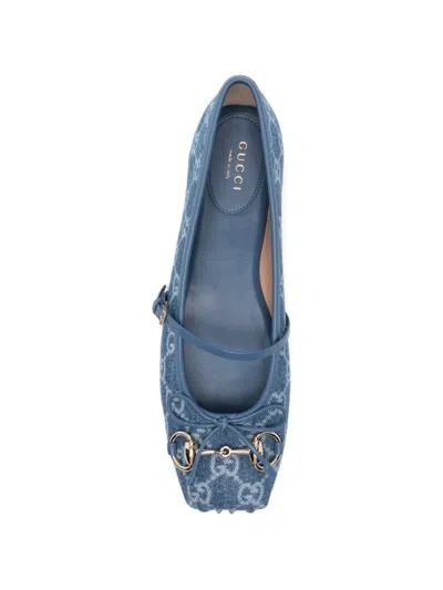 Gucci Signature Horsebit Detail Gg Monogram Ballet Flats In Blue
