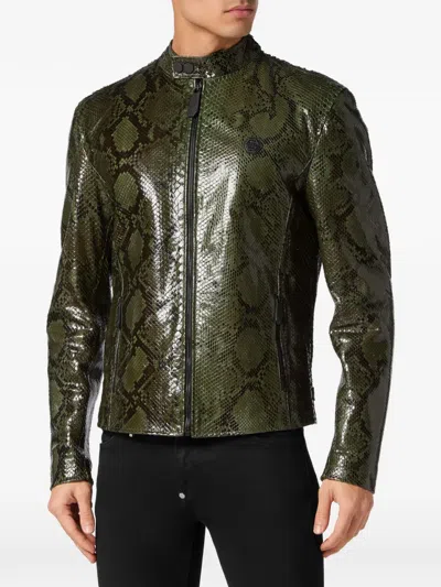 Philipp Plein Python Leather Biker Jacket In Green