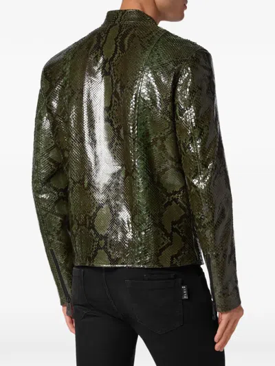 Philipp Plein Python Leather Biker Jacket In Green