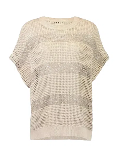 Brunello Cucinelli Openwork Knit Crewneck Top With Micro Sequins