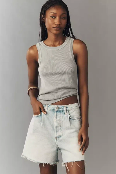 Agolde Rhoda Pleated Denim Cutoff Shorts In Blue