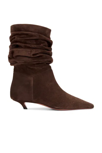 Amina Muaddi Pointed Toe Kitten Heel Slouchy Suede Boots In Brown