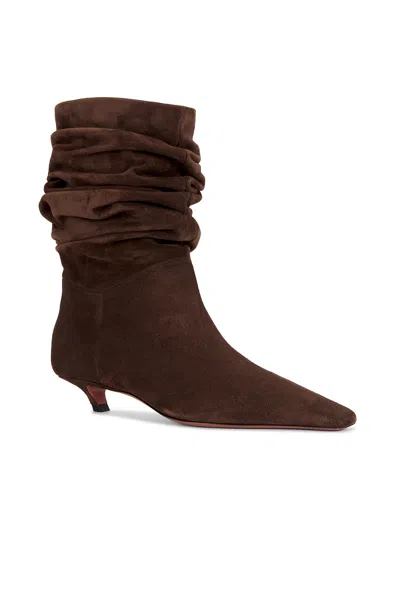 Amina Muaddi Pointed Toe Kitten Heel Slouchy Suede Boots In Brown