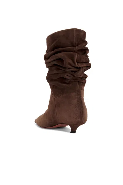 Amina Muaddi Pointed Toe Kitten Heel Slouchy Suede Boots In Brown