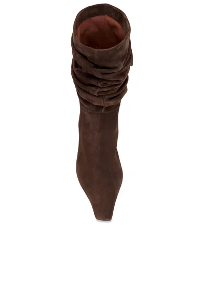 Amina Muaddi Pointed Toe Kitten Heel Slouchy Suede Boots In Brown